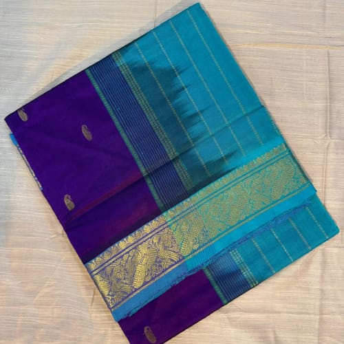 Silk Cotton Dual Tone Saree – Purple and Turquoise Blue with Zari Border