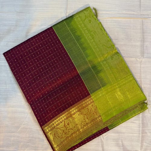 Traditional Silk Cotton Saree – Maroon Checks with Green and Gold Border