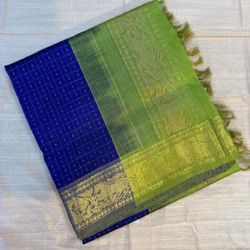 Silk Cotton Dual Tone Saree – Blue and Green with Gold Zari Pallu