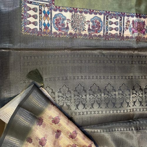 Ethnic Multicolor Pattern Saree with Rich Black Border - Image 2