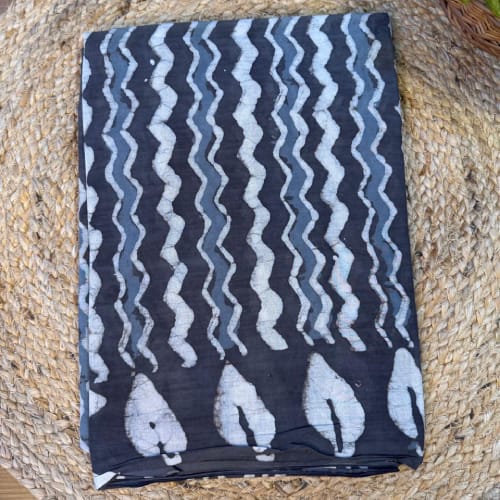 Elegant Jaipur cotton saree in classic black with white patterns, offering comfort, breathability, and timeless ethnic charm.