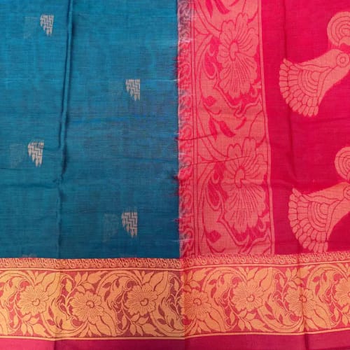 Bengal Cotton Midnight Green with Red Saree - Image 3