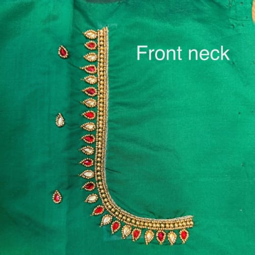 Emerald Green Beaded Embroidery Silk Cotton Blouse - Image 2