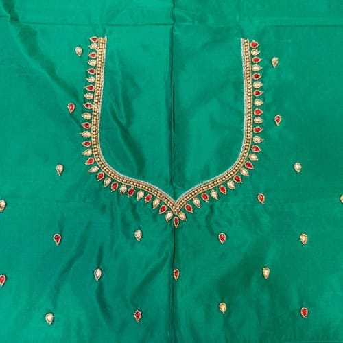 Emerald Green Beaded Embroidery Silk Cotton Blouse