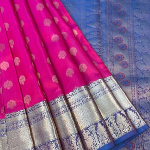 Vibrant Pink Silk Saree with Zari Buttas and Royal Blue Peacock Border Pallu