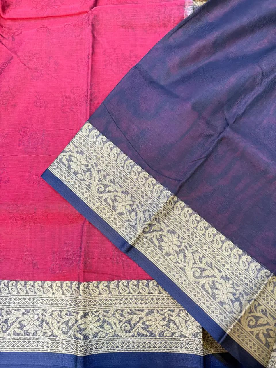 Deep Navy & Rani Pink Silk Saree with Antique Gold Zari Border - Image 3