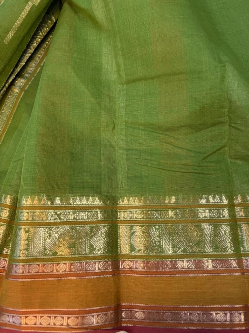 Kanchi Cotton Green Saree with Mustard & Maroon Zari Border - Image 2