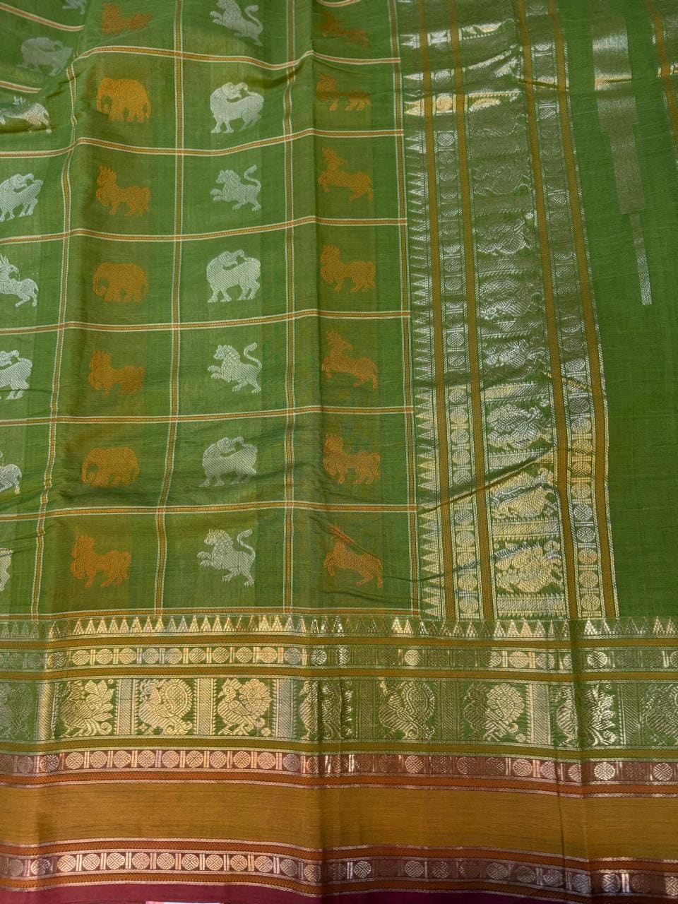 Kanchi Cotton Green Saree with Mustard & Maroon Zari Border - Image 3